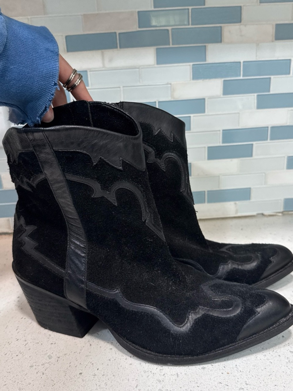 Reba Black Suede & Leather Western Ankle Boots